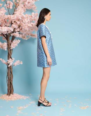 Sister Jane bow detail jacquard mini dress in blue ditsy floral | ASOS