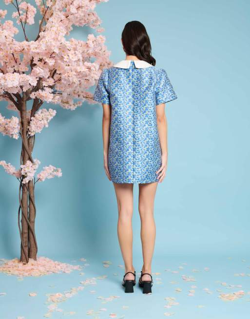 Sister Jane bow detail jacquard mini dress in blue ditsy