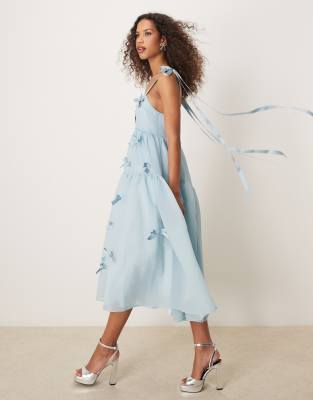 bow embellished midi dress in light blue