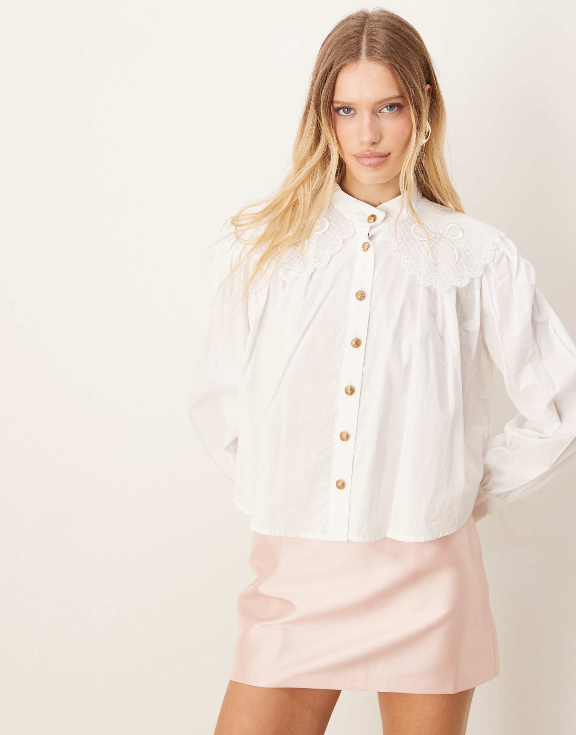 sister jane bow embroidered blouse top in pearl white