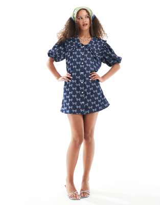 sister jane Sister Jane bow embroidered mini dress in denim co-ord-Blue
