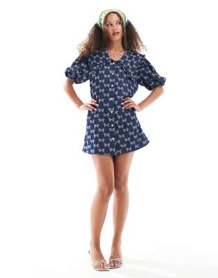 bow embroidered mini dress in denim - part of a set-Blue