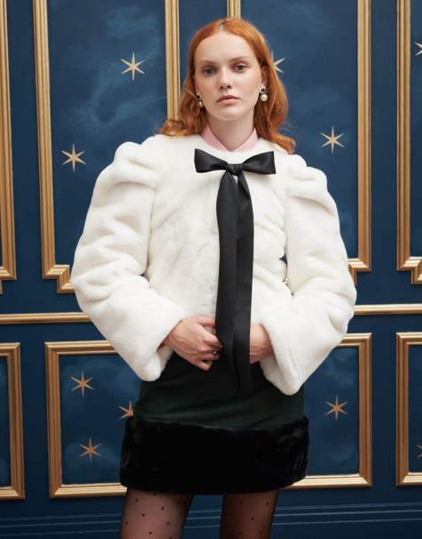 Sister Jane bow front faux fur jacket in cream and black - view 1