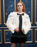 [sister jane] Sister Jane bow front faux fur jacket in cream and black L Cream/Black
