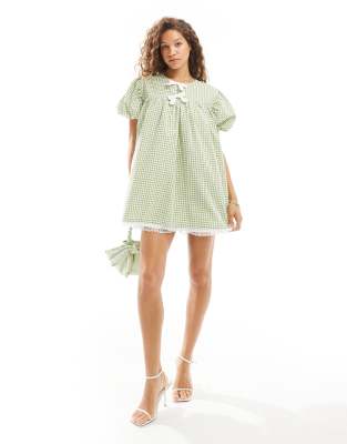 bow gingham mini dress with lace trim in green