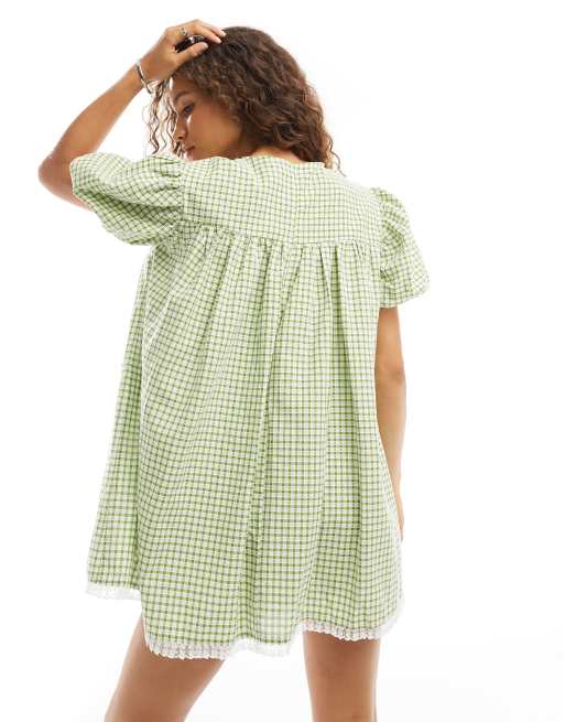 Sister Jane bow gingham mini dress with lace trim in green, 4 of 4