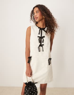 bow mini dress in ivory cream-White