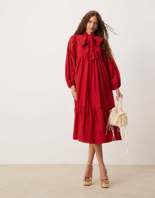 bow shirt midaxi dress in red