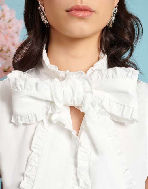 Sister Jane bow shirt mini dress in white, 3 of 4