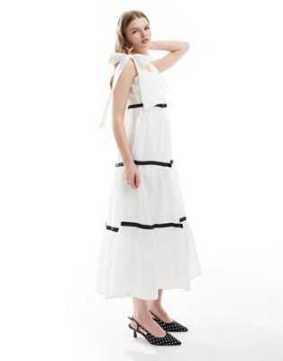 bow shoulder jacquard midi dress in ivory-White