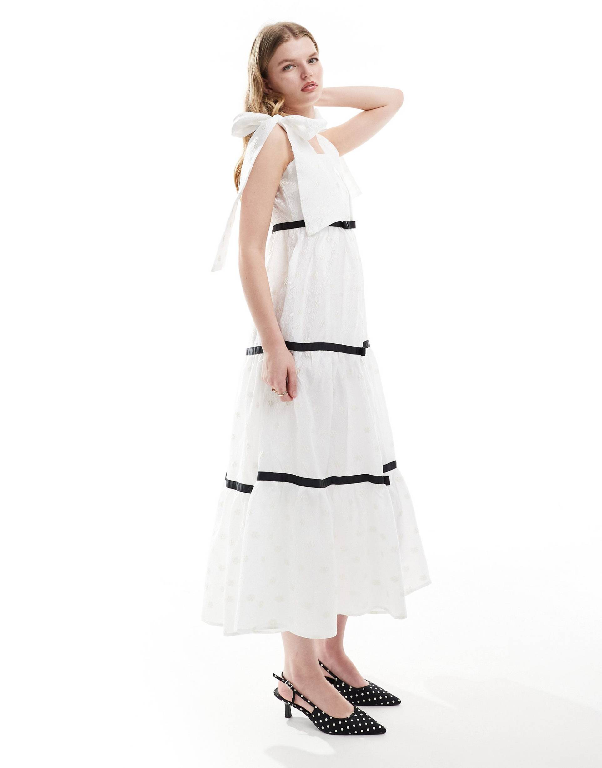 sister jane bow shoulder jacquard midi dress in ivory