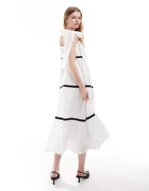 Sister Jane bow shoulder jacquard midi dress in ivory, 4 of 4
