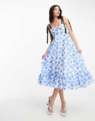 Sister Jane bow strap jacquard midi dress in blue floral