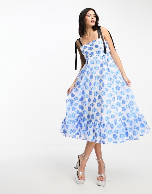 Sister Jane bow strap jacquard midi dress in blue floral