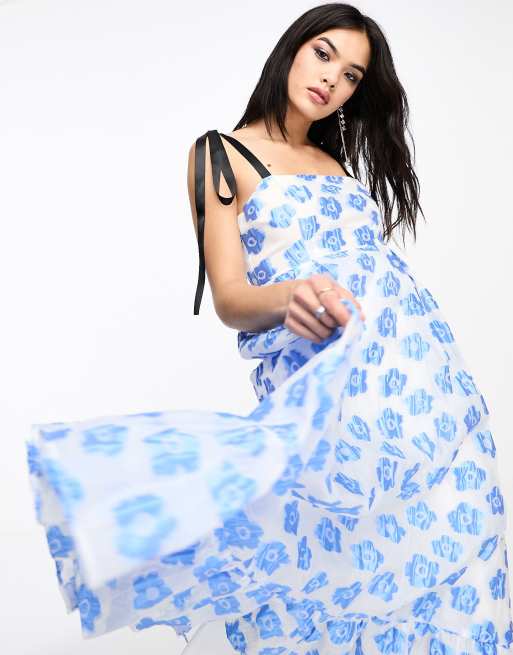 Sister Jane bow strap jacquard midi dress in blue floral | ASOS