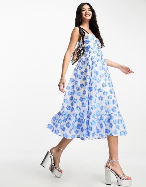 Sister Jane bow strap jacquard midi dress in blue floral