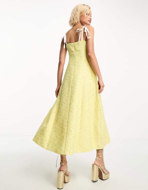 Sister Jane bow strap tweed midi dress in yellow, 3 of 4