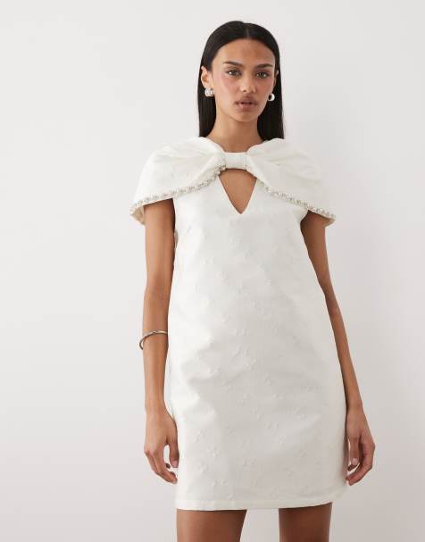 Sister Jane Bridal detachable cape detail pearl embellished mini dress in white