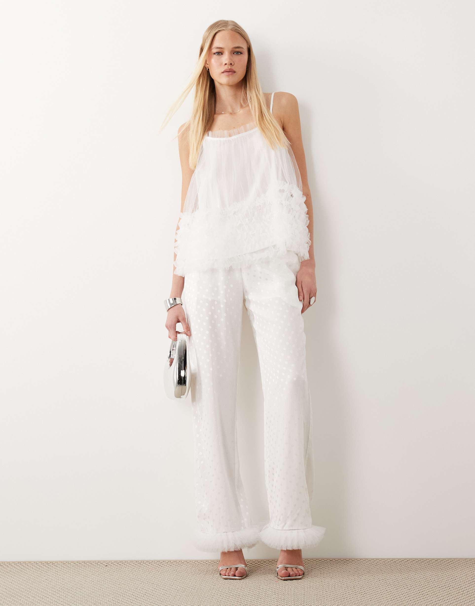 sister jane bridal polka dot tulle trim pants in white - part of a set