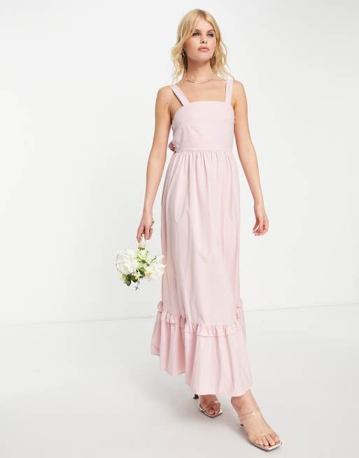 Sister Jane Bridesmaid Bow Back Midi Dress with Tiered Hem in Baby Pink