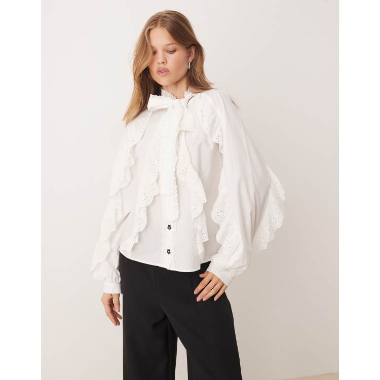 Sister Jane broderie trim pussybow shirt in white | ASOS