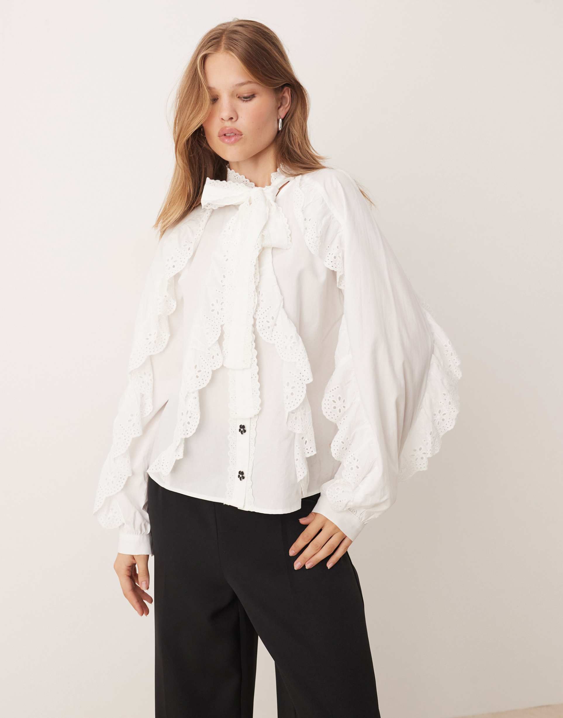 sister jane broderie trim pussybow shirt in white