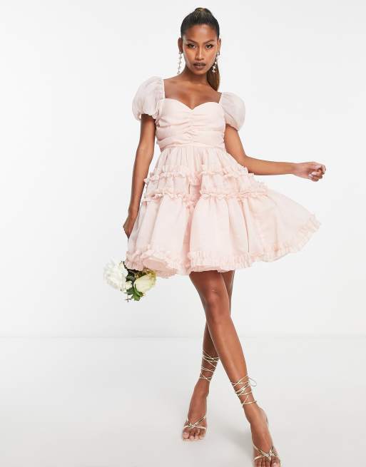 Sister Jane - Bruidsmeisjes - Mini jurk met korte pofmouwen van organza in babyroze