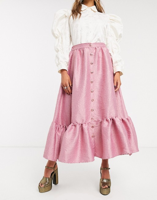 Sister Jane button front midaxi skirt with peplum hem in jacquard