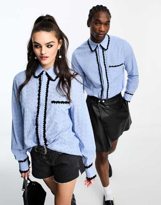 Sister Jane - Camicia blu unisex in pizzo con bordi all'uncinetto