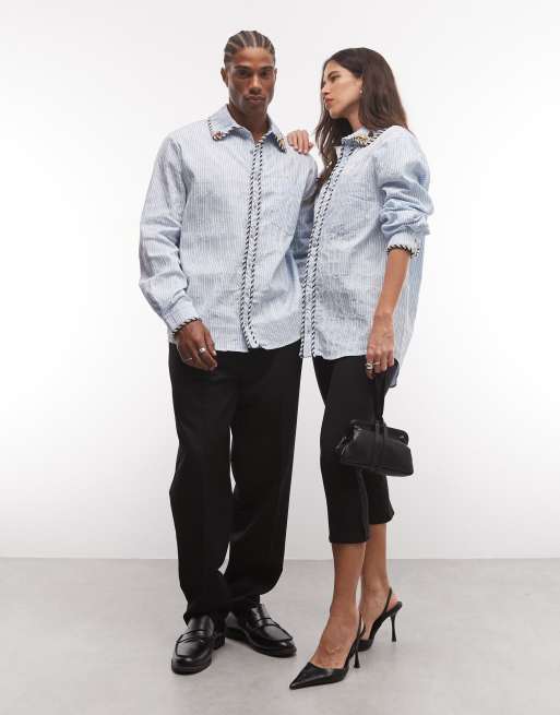 Sister Jane camicia unisex in misto cotone con profili a contrasto a righe sottili azzurro chiaro, 2 di 4