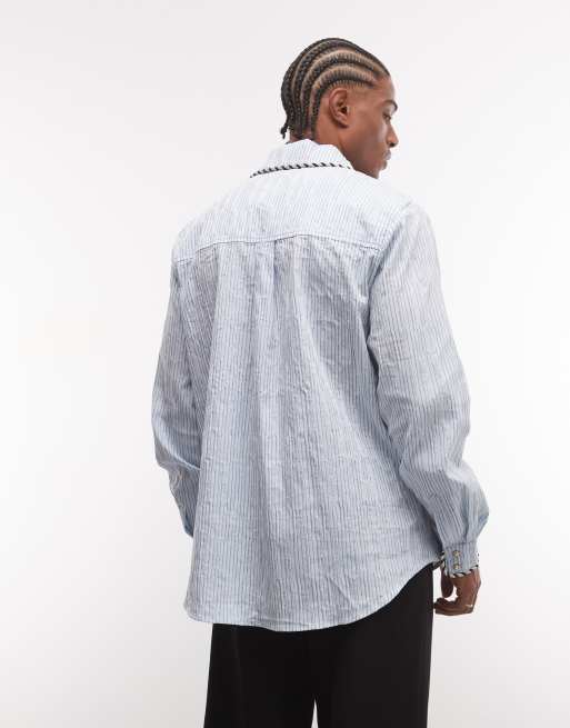 Sister Jane camicia unisex in misto cotone con profili a contrasto a righe sottili azzurro chiaro, 4 di 4