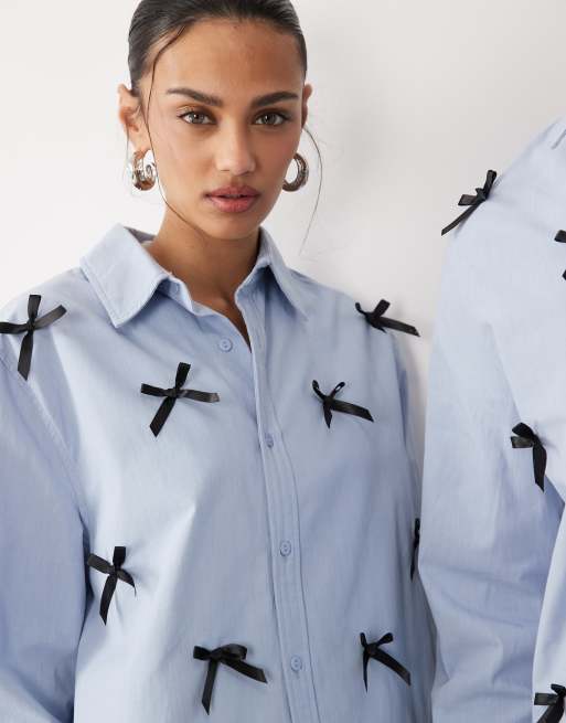 Sister Jane - Camicia unisex in puro cotone blu con motivo gessato e fiocchi in coordinato, 2 di 4