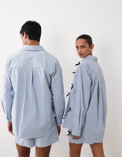 Sister Jane - Camicia unisex in puro cotone blu con motivo gessato e fiocchi in coordinato, 4 di 4