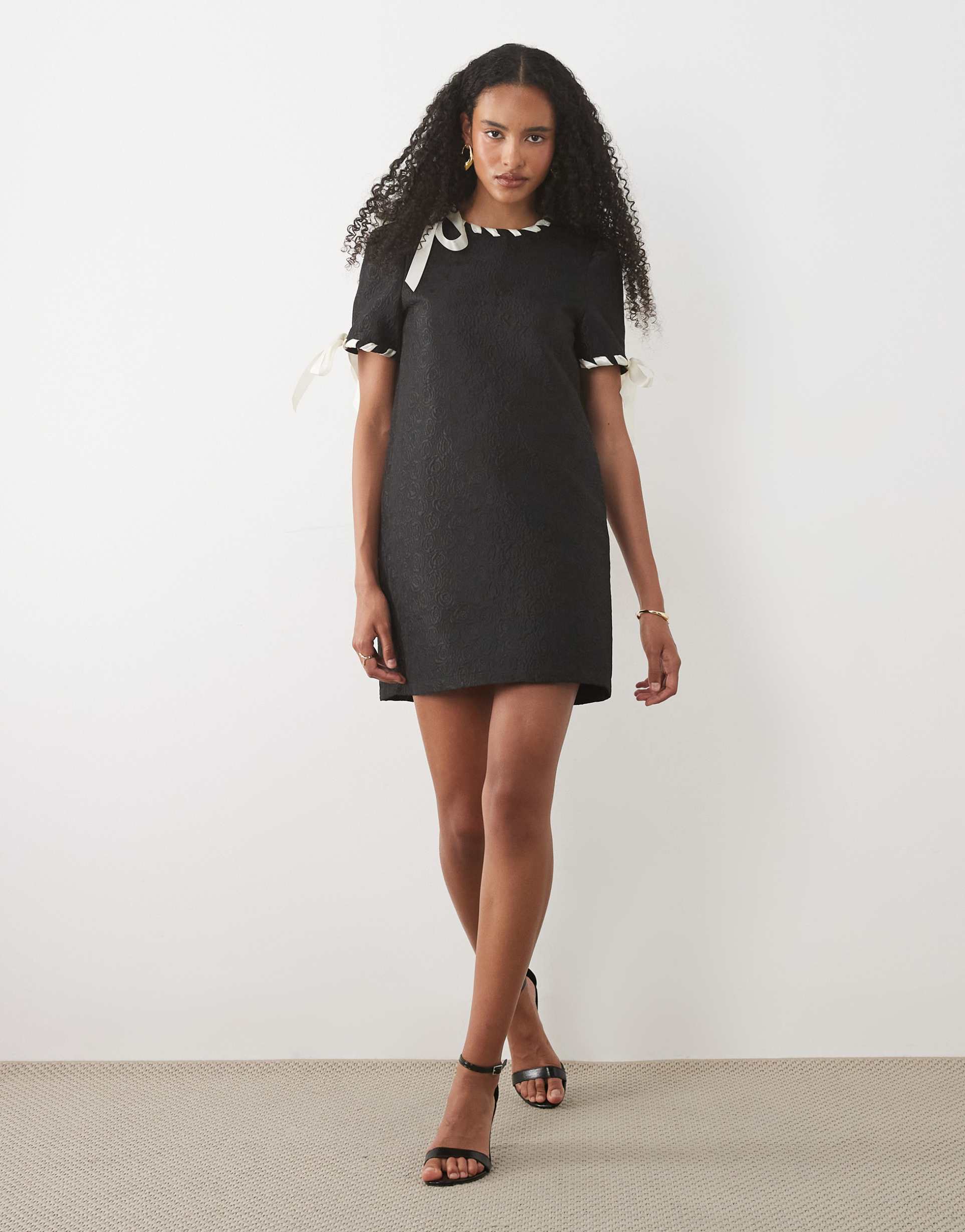 sister jane camille jacquard short sleeve mini dress with ribbon trim in black