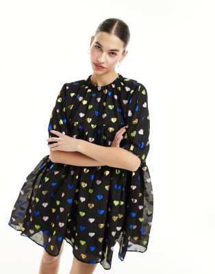 Sister Jane Canvas Heart Mini Dress In Metallic Heart Print-multi
