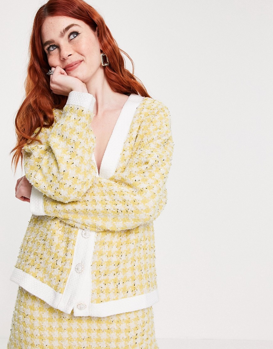 Sister Jane cardigan with diamante buttons in yellow and cream check tweed set