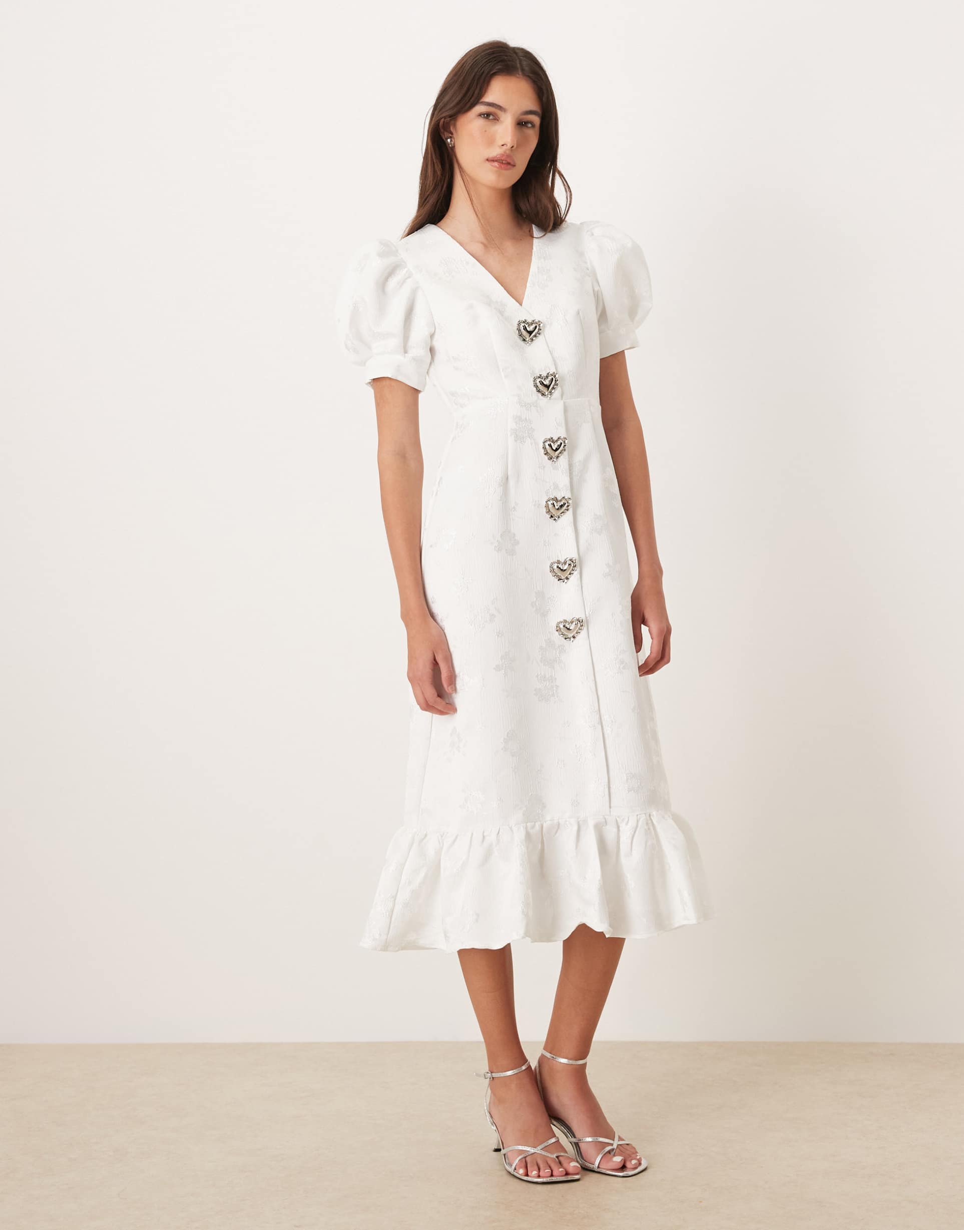 sister jane carnival exclusive bridal puff sleeve heart button up midi dress in ivory