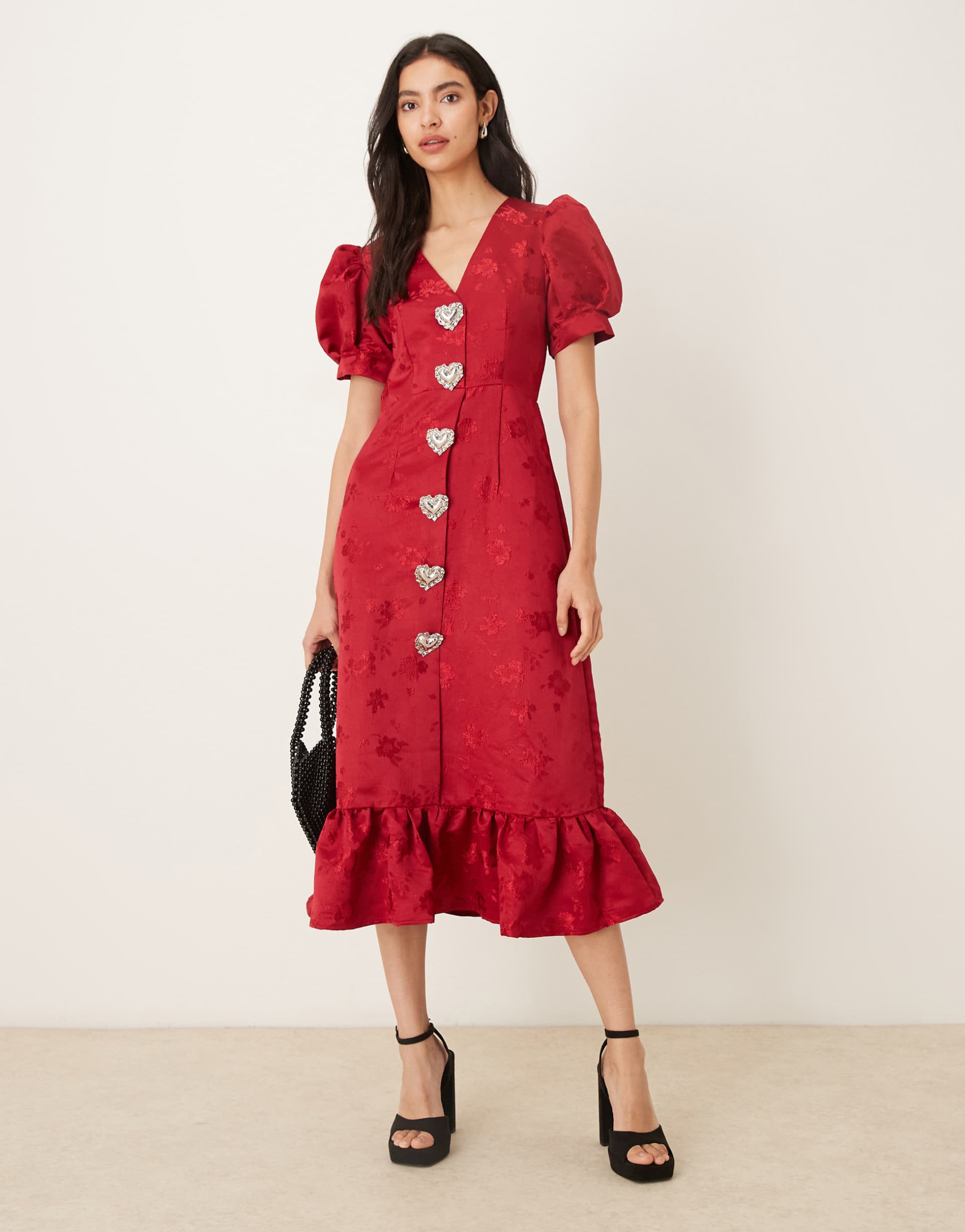 sister jane carnival puff sleeve heart-button up midi dress in red