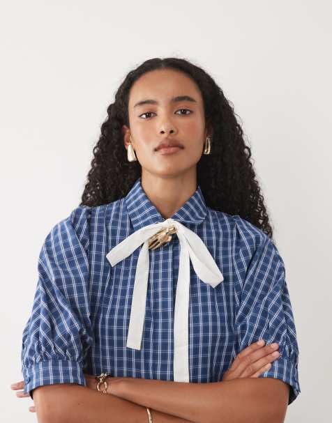 Sister Jane Celeste exclusive bow detail short sleeve mini dress in blue check - view 1