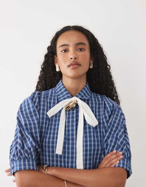 Sister Jane Celeste exclusive bow detail short sleeve mini dress in blue check, 2 of 4