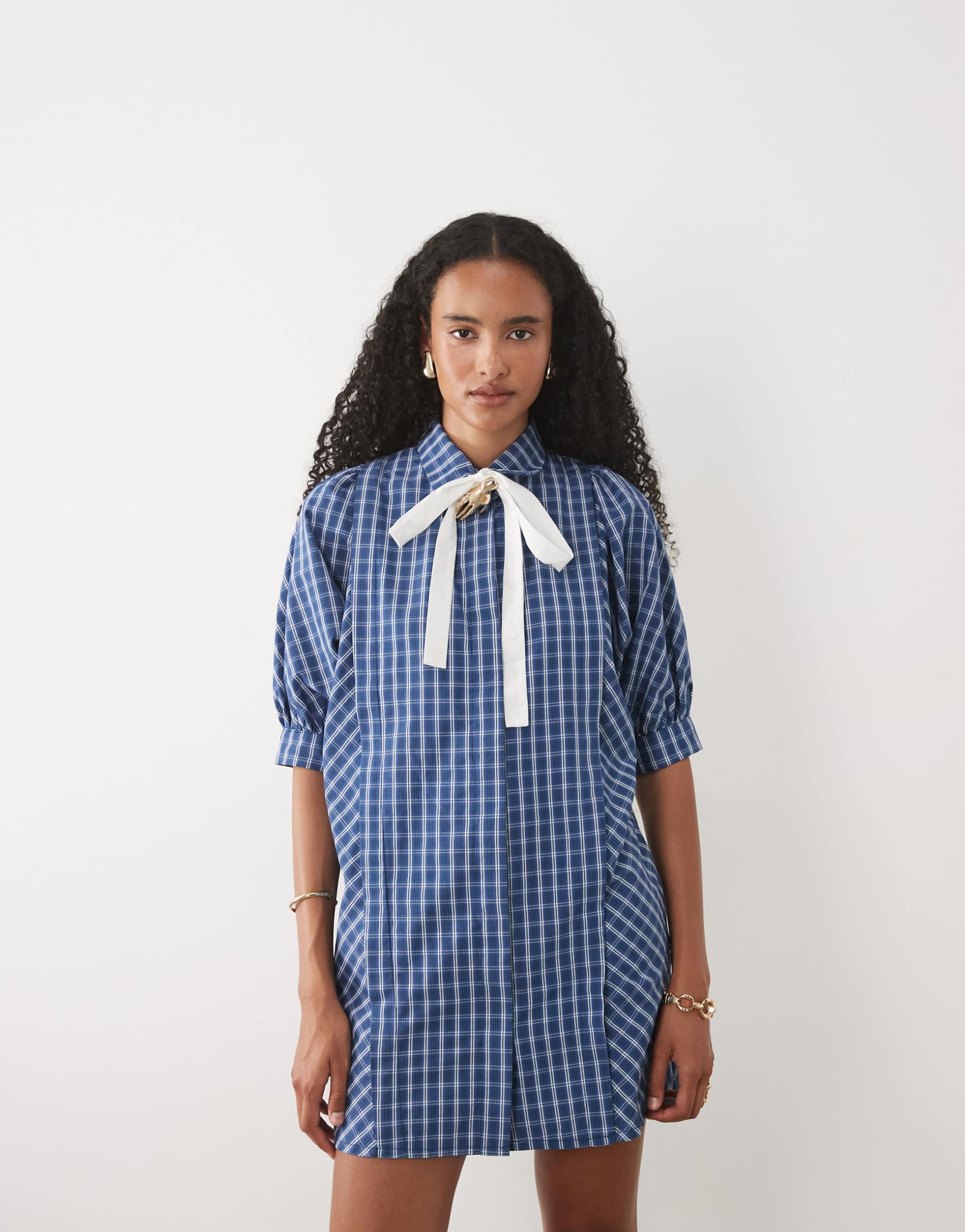 sister jane celeste exclusive bow detail short sleeve mini dress in blue plaid
