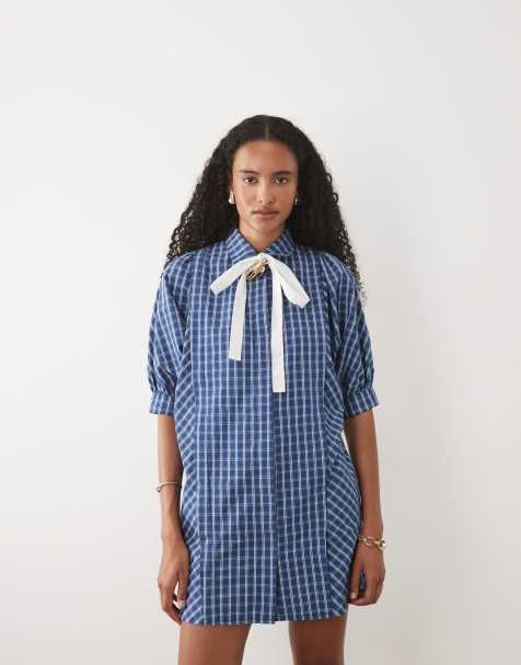 Sister Jane - Celeste - Exclusive - Geruite mini jurk met strikdetail en korte mouwen in blauw - view 1