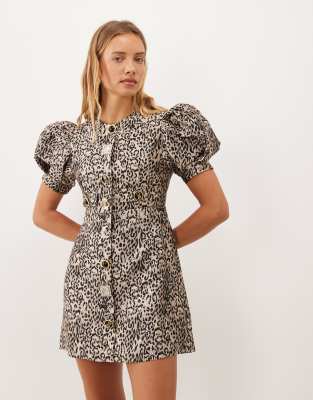 Sister Jane Charmed Jacquard Round Neck Puff Sleeve Mini Dress In Multi
