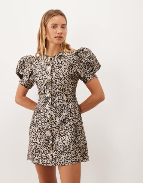 Sister Jane Charmed jacquard round neck puff sleeve mini dress in leopard - view 1