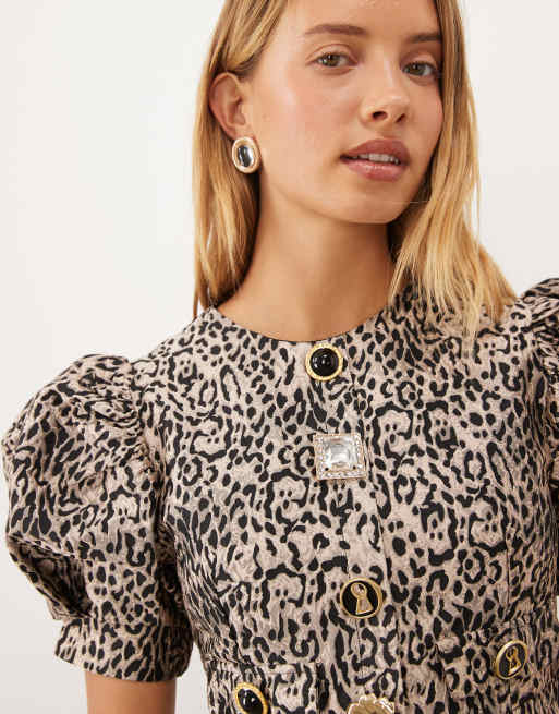 Sister Jane Charmed jacquard round neck puff sleeve mini dress in leopard, 2 of 4