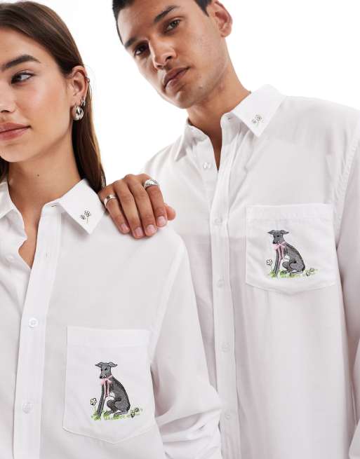 Sister Jane - Chemise unisexe à broderie chien - Blanc, 3 de 4