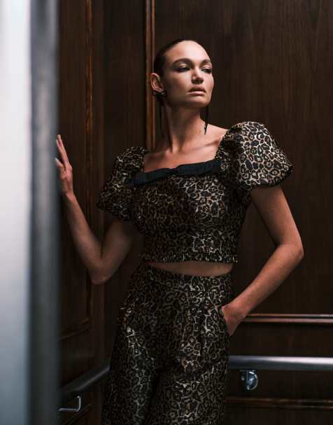 Sister Jane Cherie jacquard puff sleeve top in leopard print - part of a set - view 1