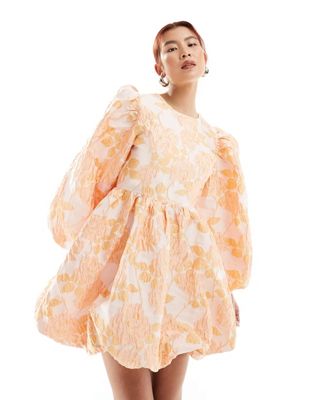 Cherish jacquard mini dress in peach floral-Orange