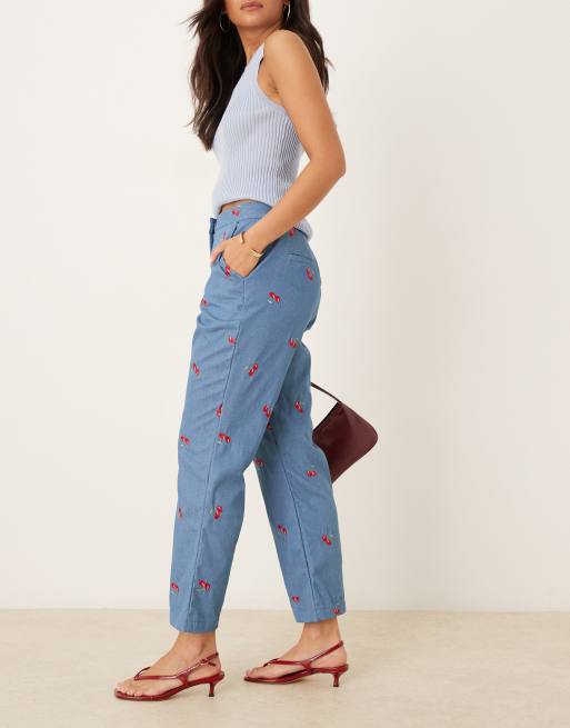 Sister Jane cherry embellished high rise flare jeans in denim blue, 3 of 5