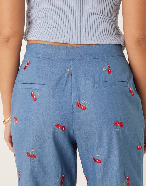 Sister Jane cherry embellished high rise flare jeans in denim blue, 4 of 5